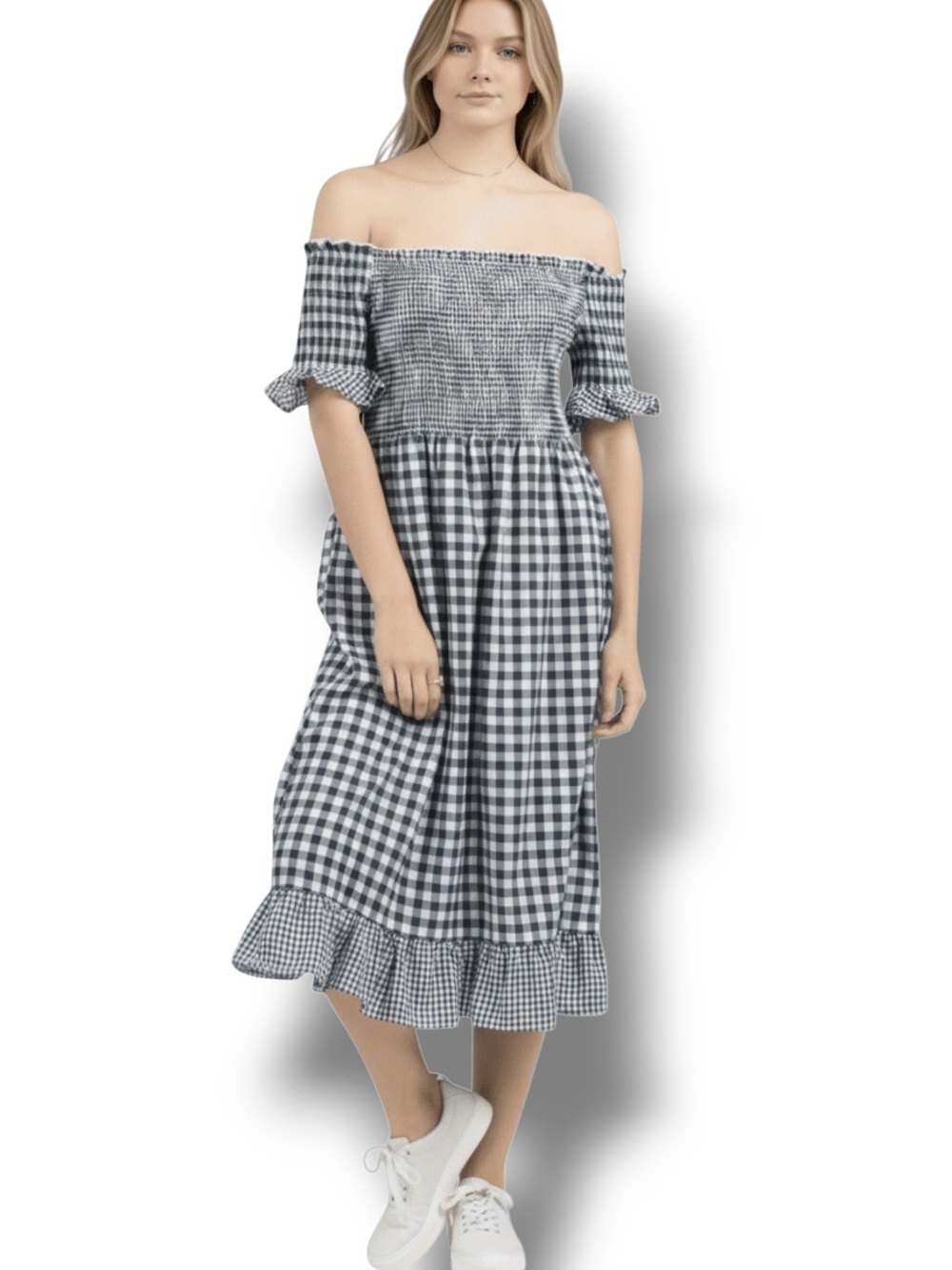 POL Women’s Short Sleeve Smocked Cottagecore Check MIDI Dress Navy/White L